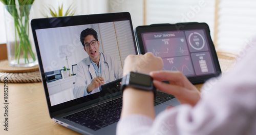 Foto Asia people young woman video call talk chat help guide online at home by AI tele consult telehealth telemedicine app clinic in IoT device collect ECG data heart pulse sleep rate on cloud computing