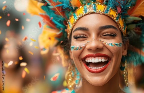 Festival, confetti and portrait of women in Brazil with costume, blowing kiss and party in city. Carnival, show girls and glitter at parade for performance, culture and traditional samba dancers