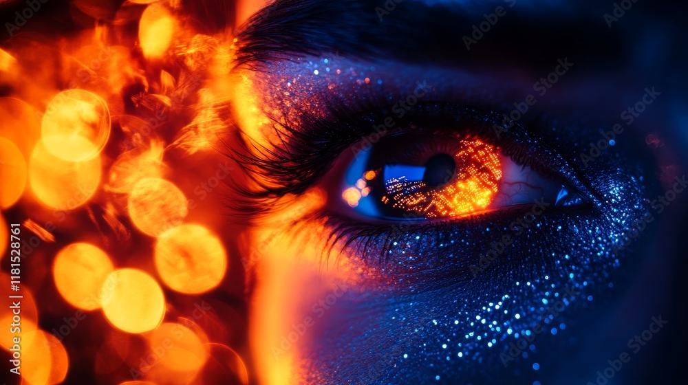 Electrifying Contrast, Close Up of Woman With Dazzling Orange and Blue Glitter Makeup