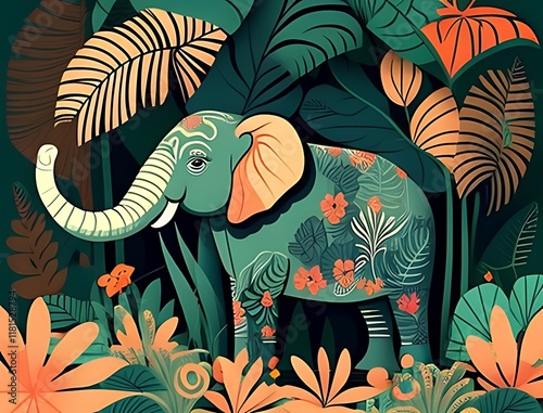 Elephant in Lush Tropical Foliage: A Vibrant, Modern Artwork photo