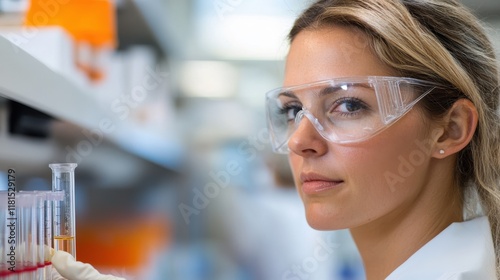 Focused research in a hospital lab with a dedicated female chemist photo