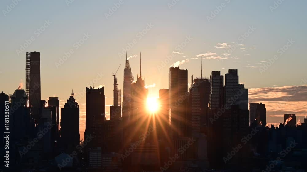 8 Hamilton Park New Jersey USA dec 26 2024; Looking at Stunning Manhattan skyline in silhouette rising sun, travel destination, real time video, selective focus skyscrapers city life video