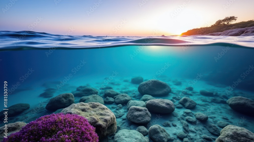 Fototapeta premium Vibrant Underwater Landscape With Sun Setting Over the Horizon