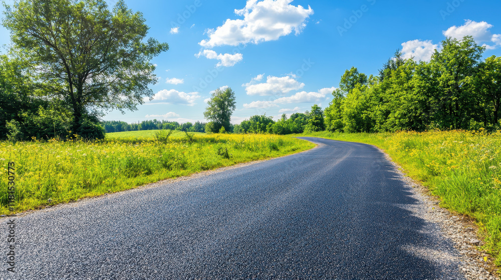 Low angle of a highway road with open fields in sunny day background Low angle of a highway road with open fields in sunny day background