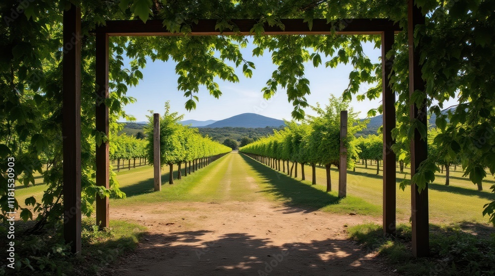 Scenic Vineyard Pathway Framed by Lush Greenery and Distant Mountains Scenic Vineyard Pathway Framed by Lush Greenery and Distant Mountains