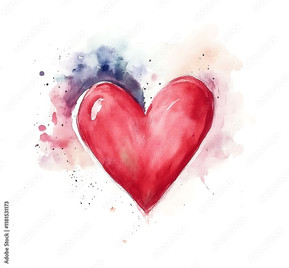 Red heart on a white isolated background painted with paints and a brush. The concept of valentine's day. Painting of big red heart over white background.
