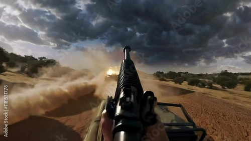 First-Person View:  Machine Gun Fire From a Jeep, Dusty Desert Chase, Action-Packed POV Footage