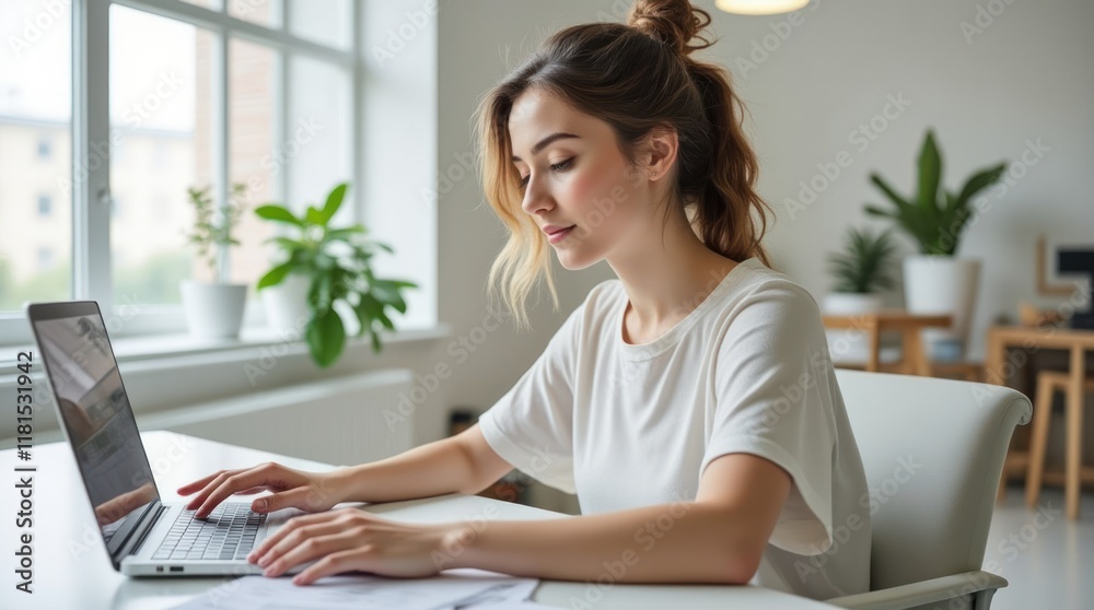 Fototapeta premium Modern Office With a Young Woman Working on a Laptop at a Minimalist Desk