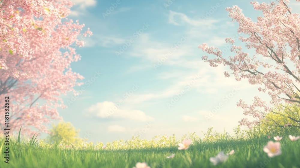 Serene Spring Meadow: Cherry Blossoms under a Pastel Sky Serene Spring Meadow: Cherry Blossoms under a Pastel Sky