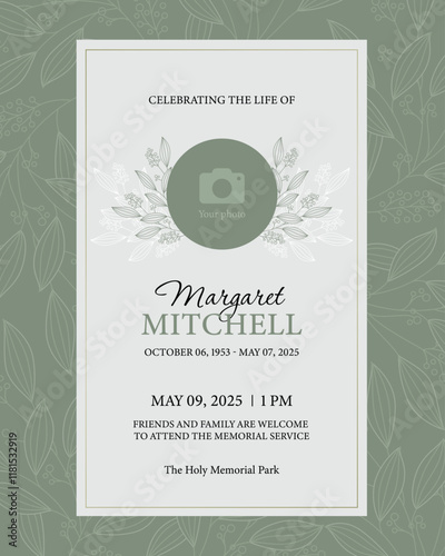 Funeral flyer template with green abstract flowers on a white background