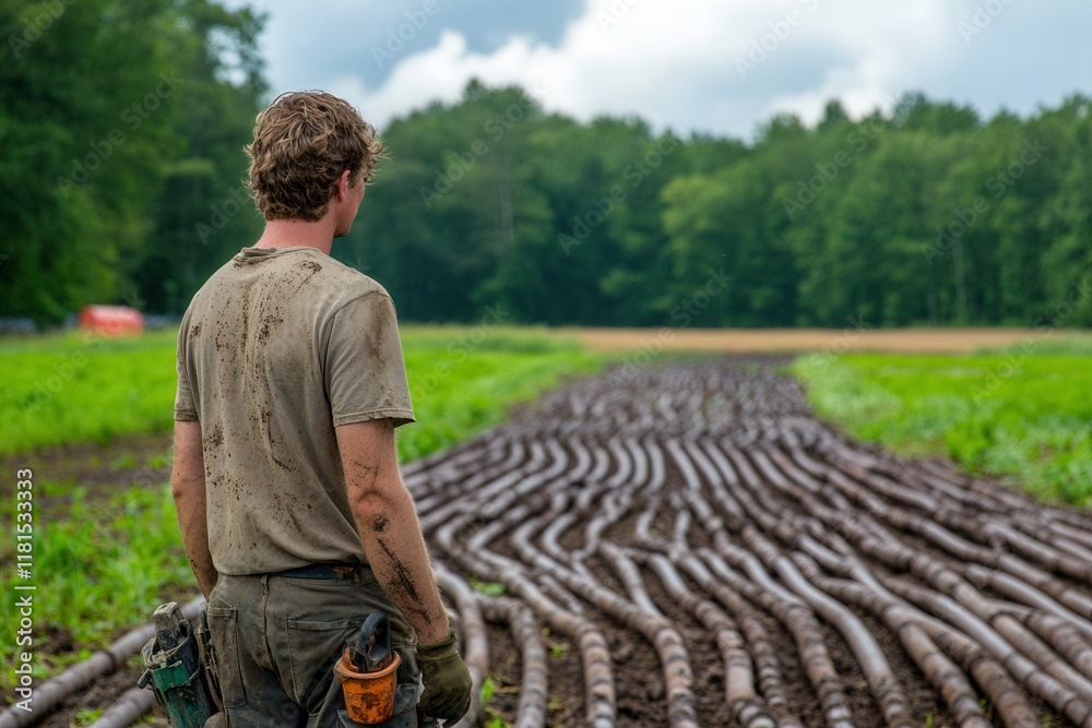 Fototapeta premium Farmer Repairing Irrigation System in Field