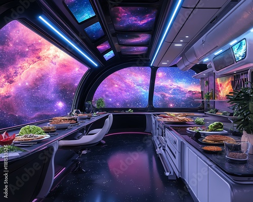 Fototapeta Naklejka Na Ścianę i Meble -  Futuristic spaceship galley with nebula view.  Modern kitchen and dining area in space.  High-tech design, vibrant colors.