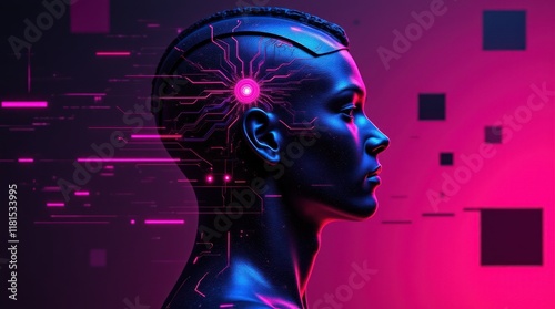 Futuristic Human Head Profile With Integrated Digital Circuits and Neon Lights