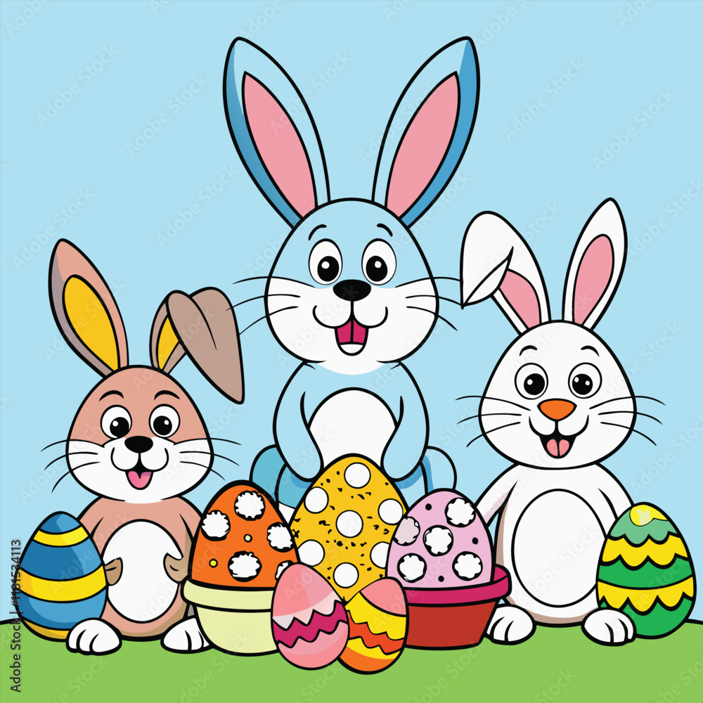 Fototapeta premium set of easter bunny with colorful eggs and easter bunny