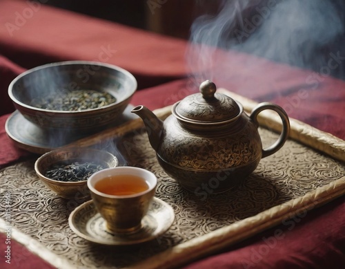 tea party set table in oriental style, realistic illustration