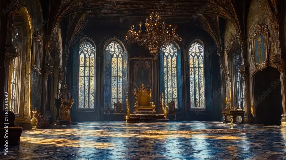 Fototapeta premium Grand Castle Throne Room Interior with Golden Chandelier and Gothic Windows.