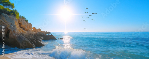 Scenic view of seagulls flying over a beautiful sunny rocky beach with clear blue sea gently crashing on the rocks