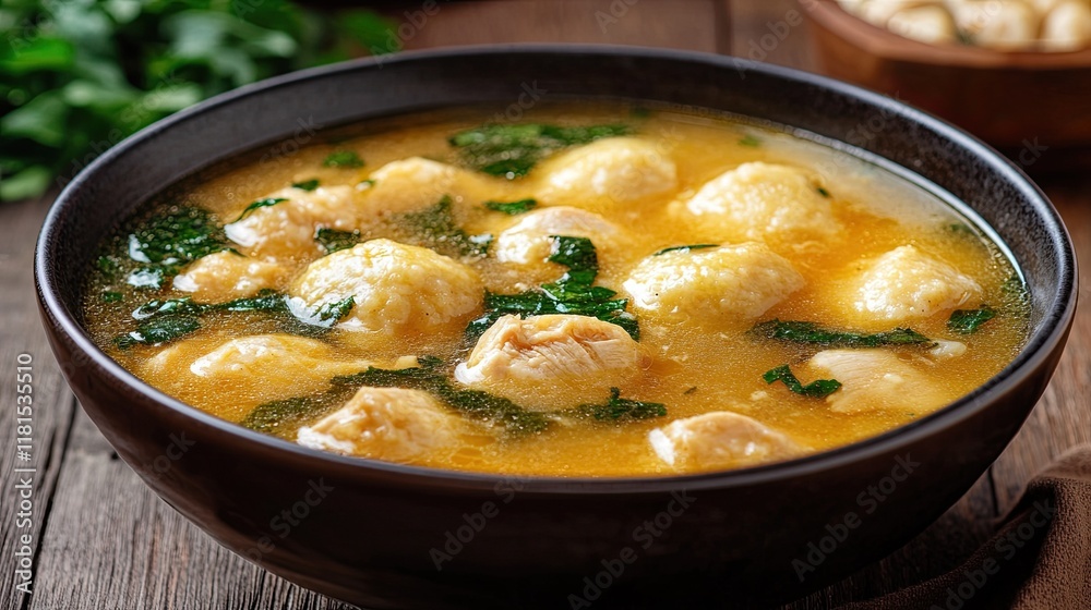 A creamy bowl of chicken and dumplings, with tender chicken pieces and fluffy dumplings floating in broth. A creamy bowl of chicken and dumplings, with tender chicken pieces and fluffy dumplings floating in broth.
