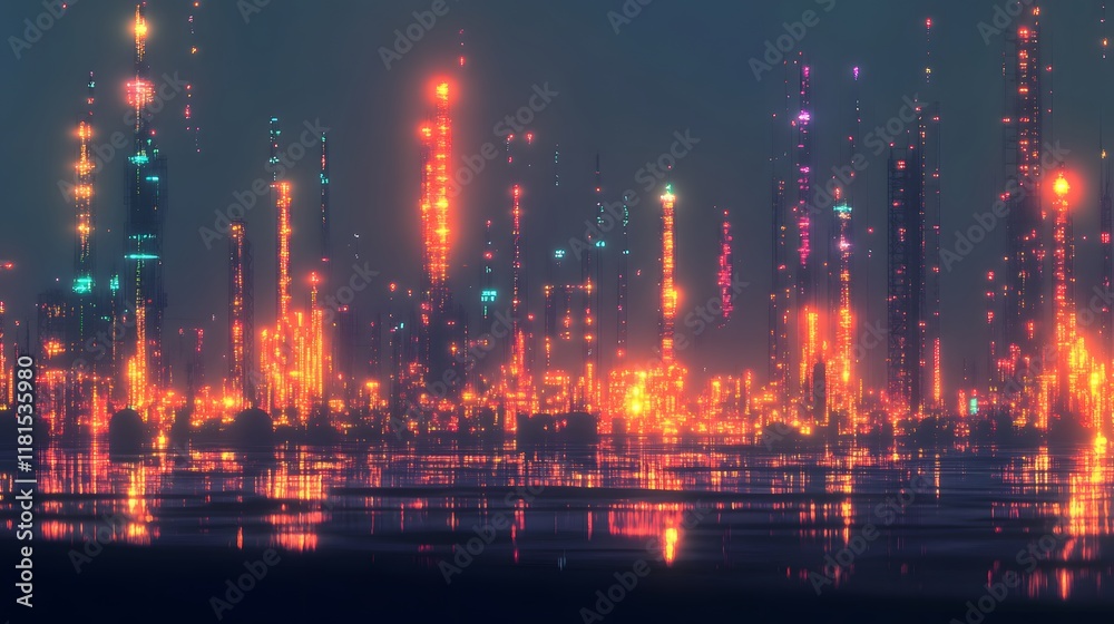 Obraz premium A city skyline with many buildings and a large body of water. The buildings are lit up in neon colors, creating a futuristic and vibrant atmosphere. The water reflects the lights