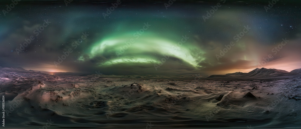 Naklejka premium Majestic Aurora Borealis Over a Snowy Arctic Landscape 360 Panorama.