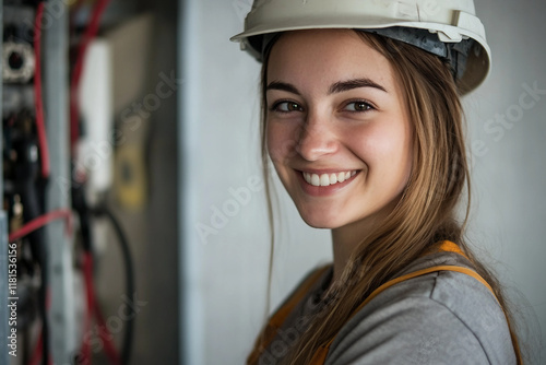 Commercial electrician at work on a fuse box in factory, adorned in safety gear, genertative ai photo