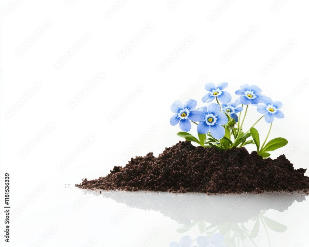 A cluster of delicate blue flowers growing from rich brown soil in a bright setting. A cluster of delicate blue flowers growing from rich brown soil in a bright setting.