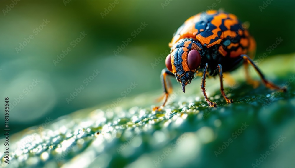 Fototapeta premium A colorful insect with vibrant red eyes explores a dew-covered leaf in a close-up macro shot
