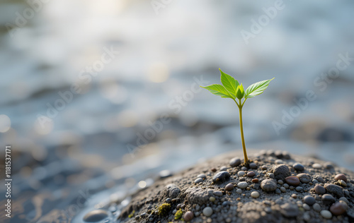 young seedling growing on rock in water background
