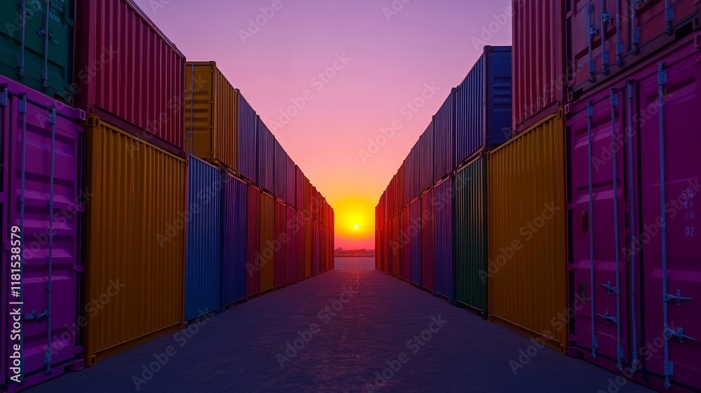 Fototapeta premium Sunset Cargo Containers Colorful Rows, 3D Render, Global Trade, Logistics, Shipping Global trade, logistics
