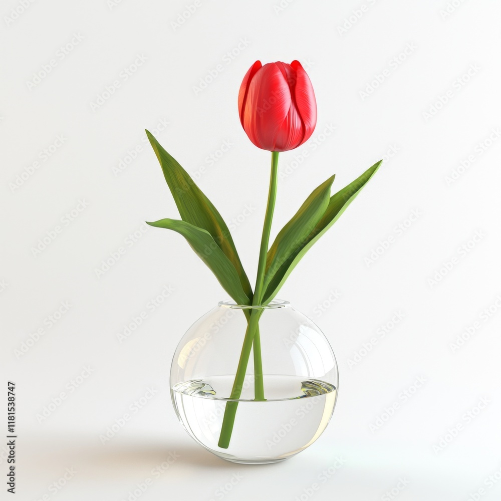 Elegant Red Tulip in Clear Vase with Water Against Minimalist White Background for Fresh Floral Decoration Elegant Red Tulip in Clear Vase with Water Against Minimalist White Background for Fresh Floral Decoration