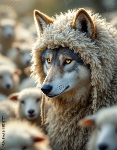 A wolf in sheep,s clothing hides among the flock its amber eyes a stark contrast to the wooly camouflage photo