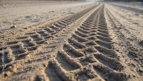 A close examination of a compacted soil surface streaked with tire marks from machinery demonstrating the intensity of the compaction process. The interlocked particles are ly photo