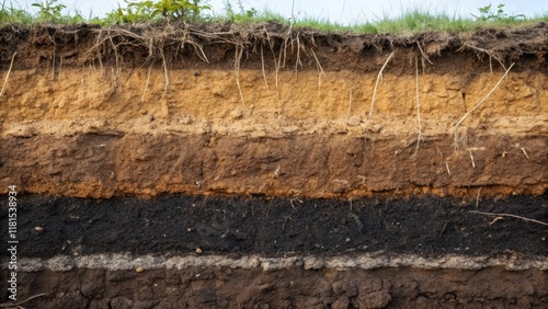 A close encounter with a wall of excavated soil revealing the stratification of compacted earth layers â€“ from rich black loam at the bottom to sandy lighter soils at the top. photo