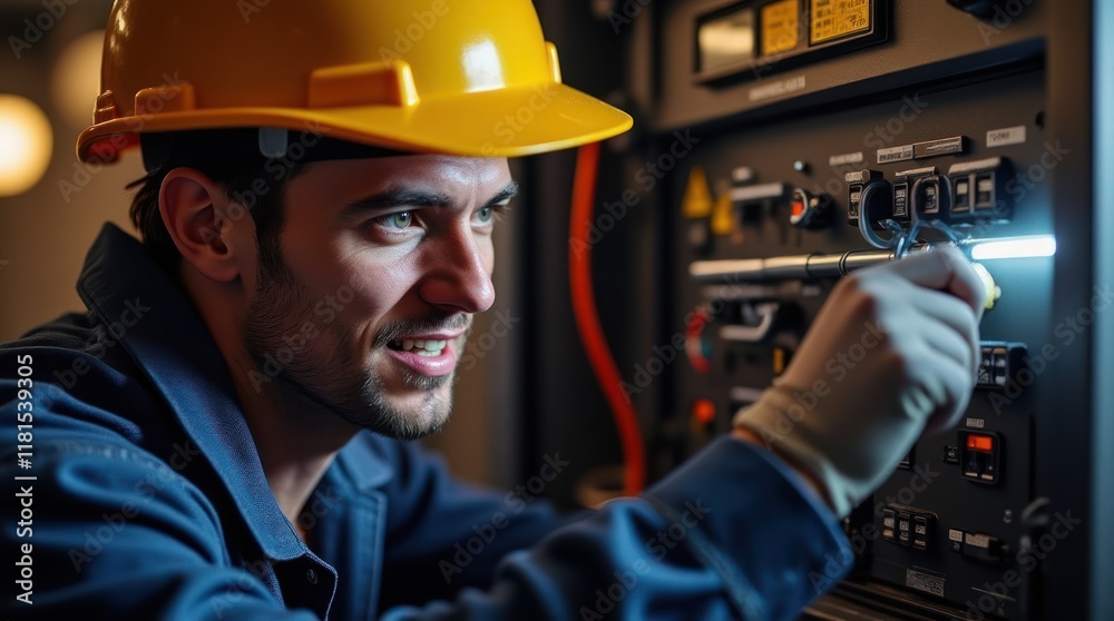 Focused Electrician Working on Control Panel in Dimly Lit Environment Focused Electrician Working on Control Panel in Dimly Lit Environment