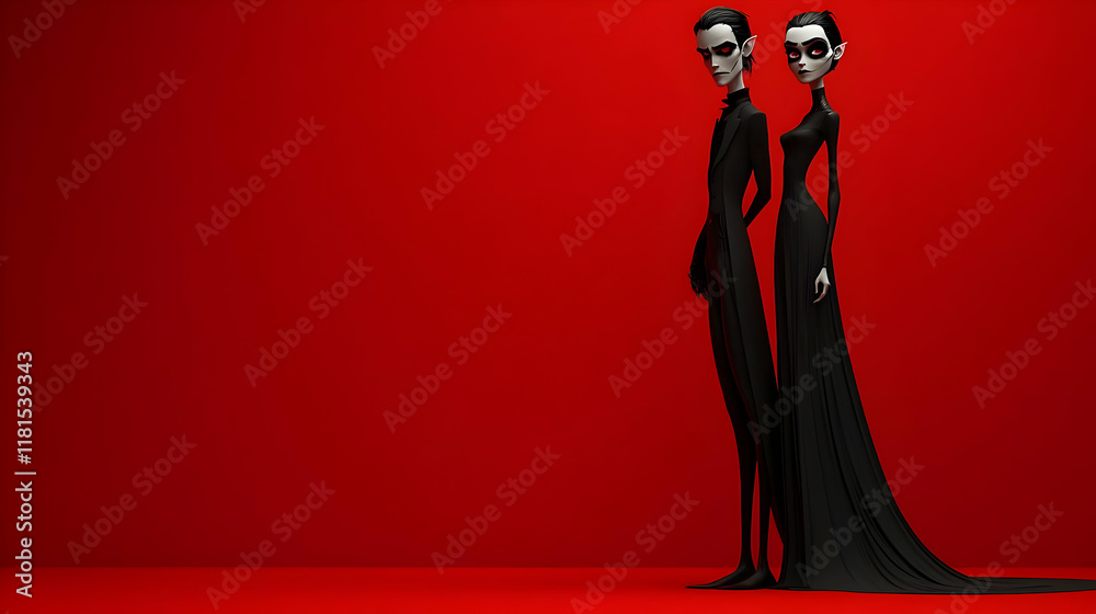 Fototapeta premium Couple in Black Poses Elegantly Against Red Backdrop with Dramatic Lighting
