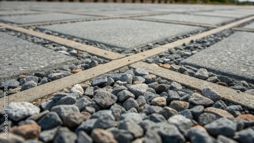 A closeup capture of the intersecting lines where gravel piles meet emphasizing the compactness of the stones and the meticulous arrangement that supports road durability with photo