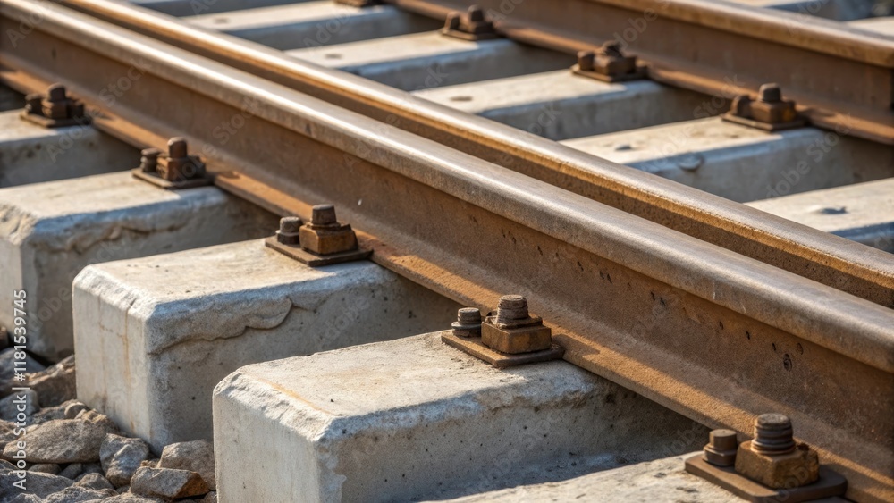 A closeup detailing the connection points where several concrete rail ties meet illustrating the robust interlocking design intended for durability and stability with rich textures A closeup detailing the connection points where several concrete rail ties meet illustrating the robust interlocking design intended for durability and stability with rich textures