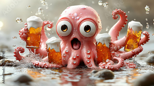 Octopus Drinks Beer in Stre...