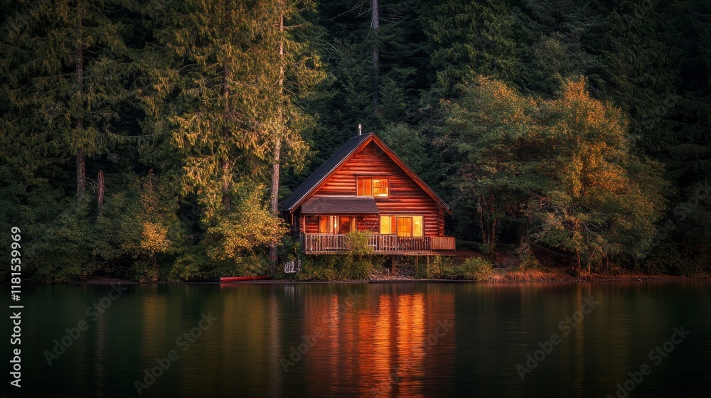 Fototapeta premium Lakeside Log Cabin at Sunset A-Frame Composition, Warm Light, Reflection, Forest, lake, cabin Lake house, log cabin