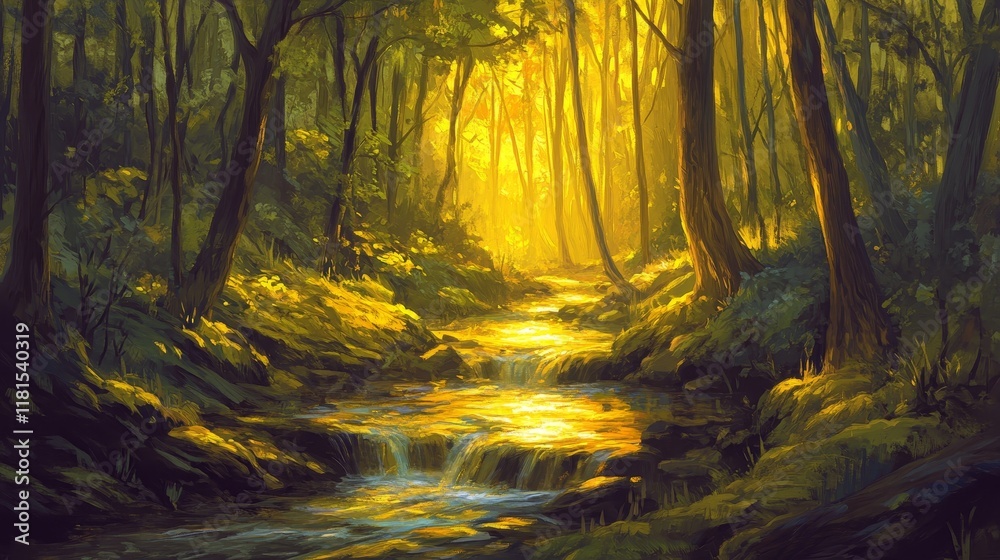 Obraz premium Golden Forest Stream Impressionistic Digital Painting of a Sunlit Waterfall, Landscape Art, Nature Scene Digital Painting, Forest River