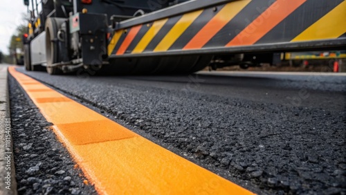 A closeup image of safety markings and reflective strips on a parked paving machine enhancing visibility in the working area. The contrasting textures of the rough surface of the photo