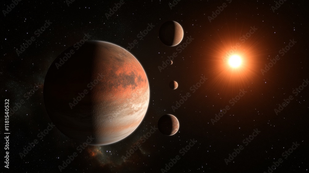 Fototapeta premium Exoplanet System Orange Star, Terrestrial Planet, Digital Art, Space, Astronomy Exoplanet, Planetary System