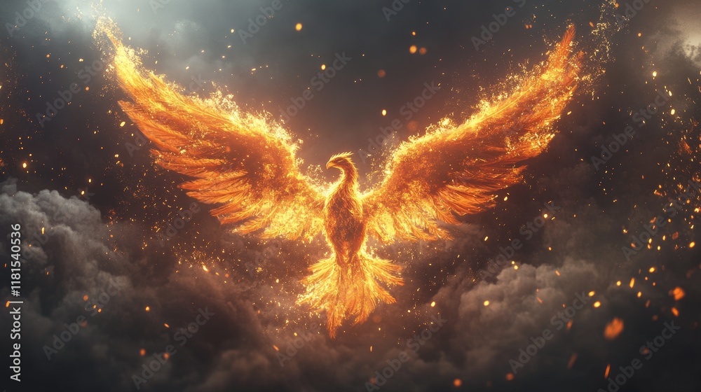 Naklejka premium Fiery Phoenix Digital Art, Wings of Fire, Rebirth Concept, fantasy, mythical bird phoenix, firebird