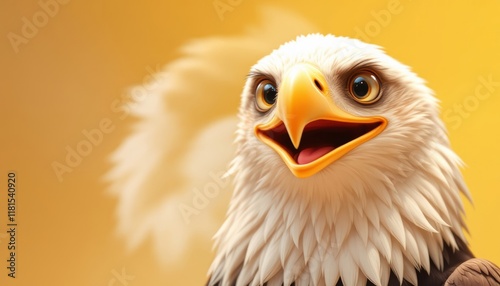 A cheerful cartoon eagle with bright eyes and an open beak on a golden background