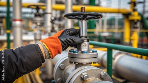 A closeup of an operators gloved hand adjusting a valve with the focused expression visible on their face surrounded by a chaotic blend of pipes and hoses that s around the asphalt photo