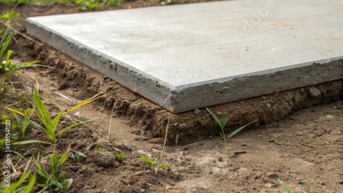 A closeup of a pre concrete slab partially embedded in the earth showcasing the natural transition between the manmade material and the surrounding soil and vegetation. The photo