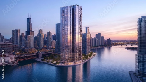 Wallpaper Mural Chicago Riverfront Skyscraper Aerial View at Sunset, Composition High-Angle Shot, Image Details Glass Facade, Concept Urban Development,Chicago Real Estate Chicago Torontodigital.ca