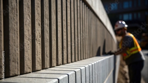 Wallpaper Mural A closeup of a retaining wall section features stark vertical grooves that catch the light revealing shadows and depth. The image captures a worker in the background partially Torontodigital.ca