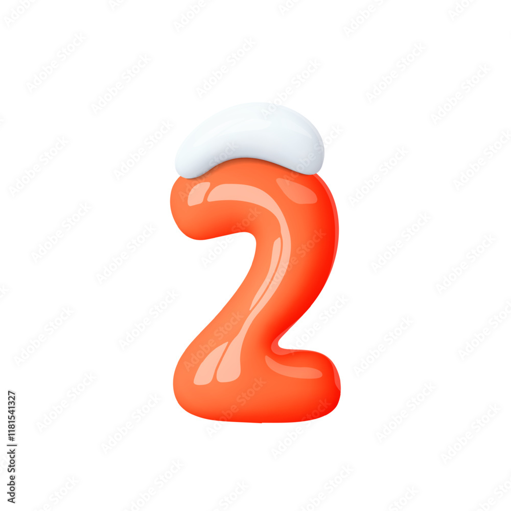 Naklejka premium 3d winter number 2 isolated. Red balloon number under snow cap. Winter decoration element for holiday design, Christmas, New Year card. Cartoon vector illustration