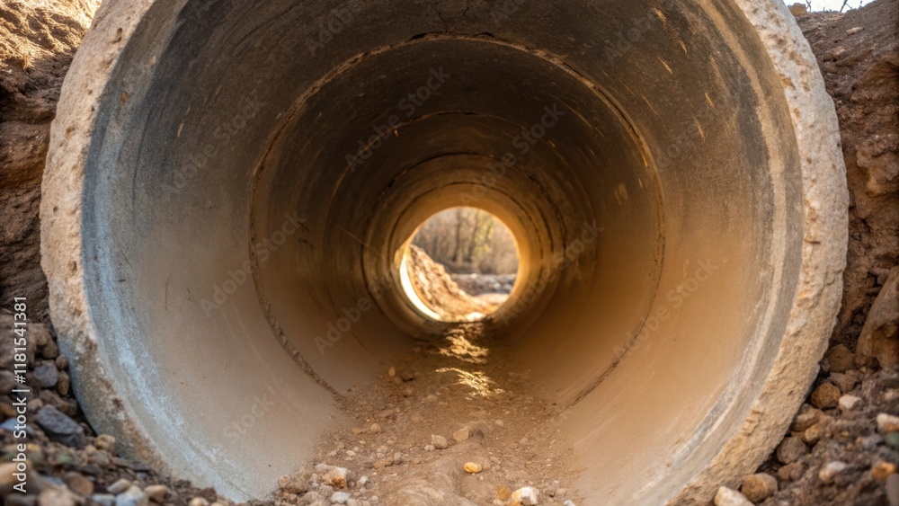 A closeup of a single massive culvert reveals the texture of its surface with subtle variations in color and wear. The end of the pipe is open showcasing its vast interior while A closeup of a single massive culvert reveals the texture of its surface with subtle variations in color and wear. The end of the pipe is open showcasing its vast interior while